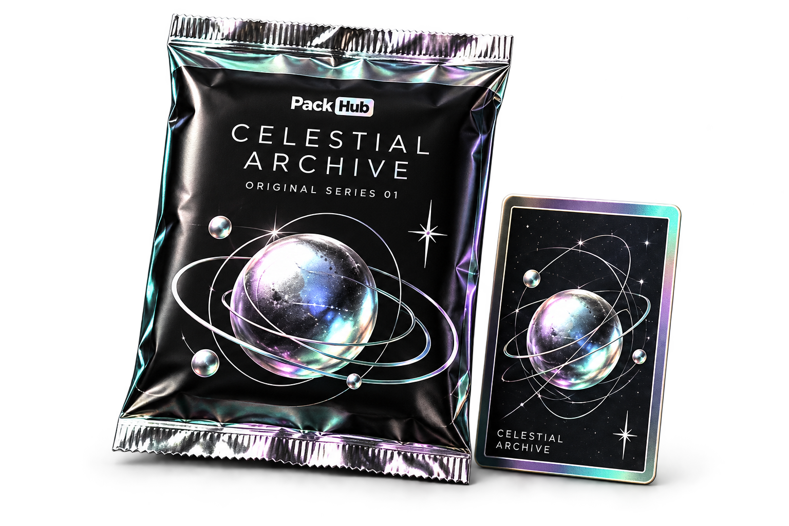 A sealed PackHub pack beside a trading card
